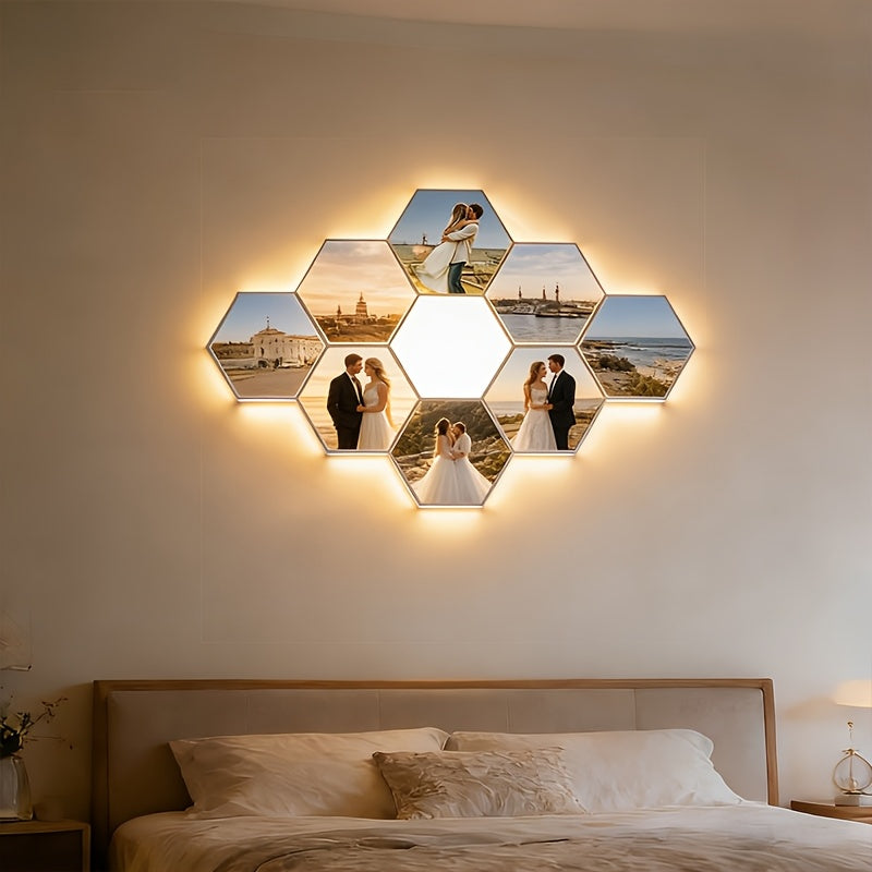 Customizable Hexagonal Combination Wall Lamp Equipped with A Smart Touch Sensor. The Soft Lighting Creates A Warm Atmosphere for Bedrooms And Living Rooms, Making It An Ideal Choice for Home Decoration And A Perfect Gift for Home Decor Enthusiasts.