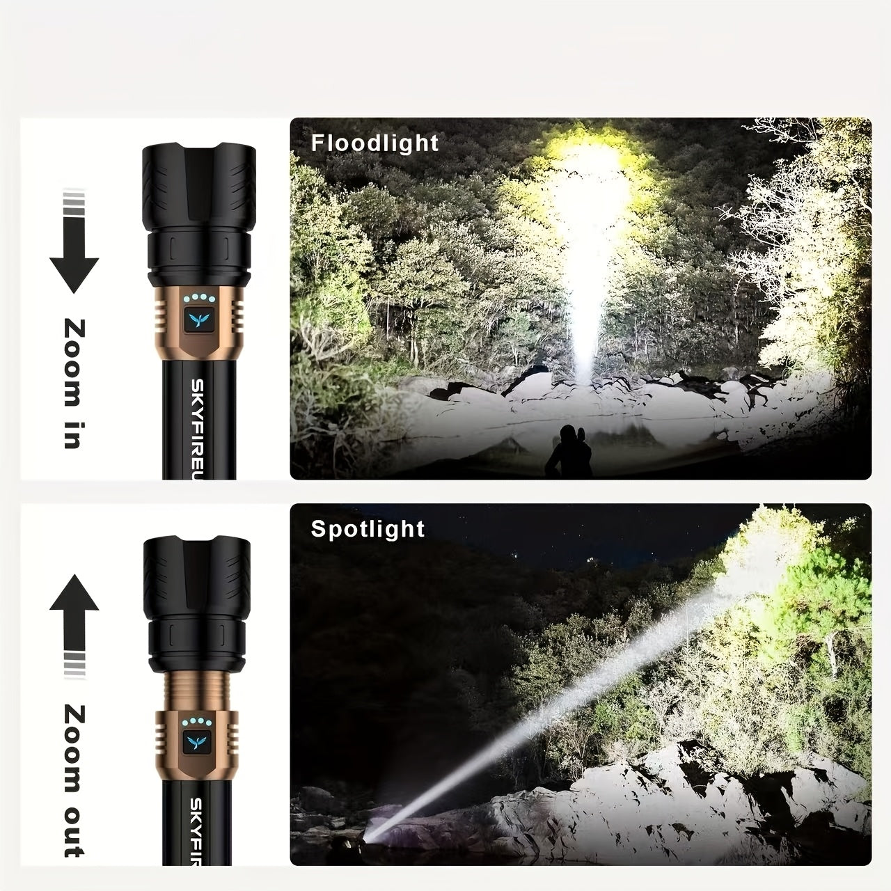 SKYFIRE Rechargeable LED Flashlight Super Bright 1300 Lumens with, Zoomable Beam & 4 Modes, Compatible for Camping, Outdoor, Emergency, - Torch Suitable for Home,, Power Outages