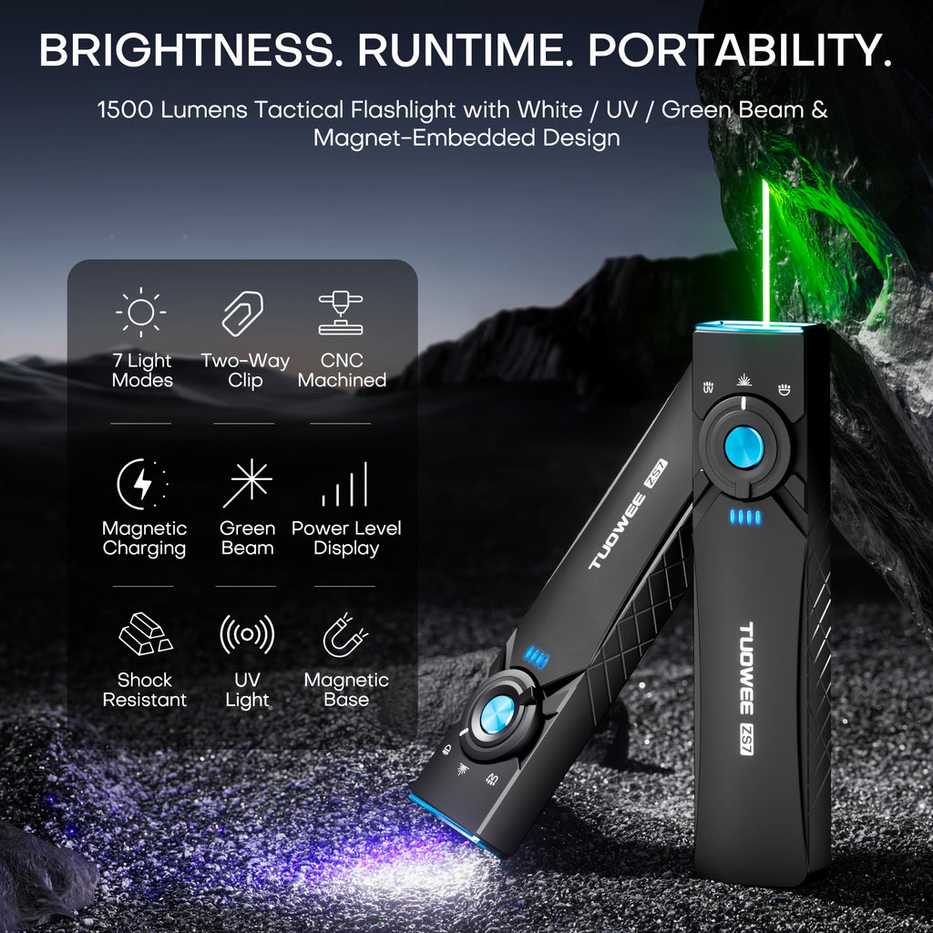 Rechargeable EDC Flat Flashlights with Green Beam & UV, Super Bright High Lumens Flash Light, 7 Modes Zoomable Linternas with LCD Digital Display, Powerful Handheld LED Flashlights for Home Emergencies Camping