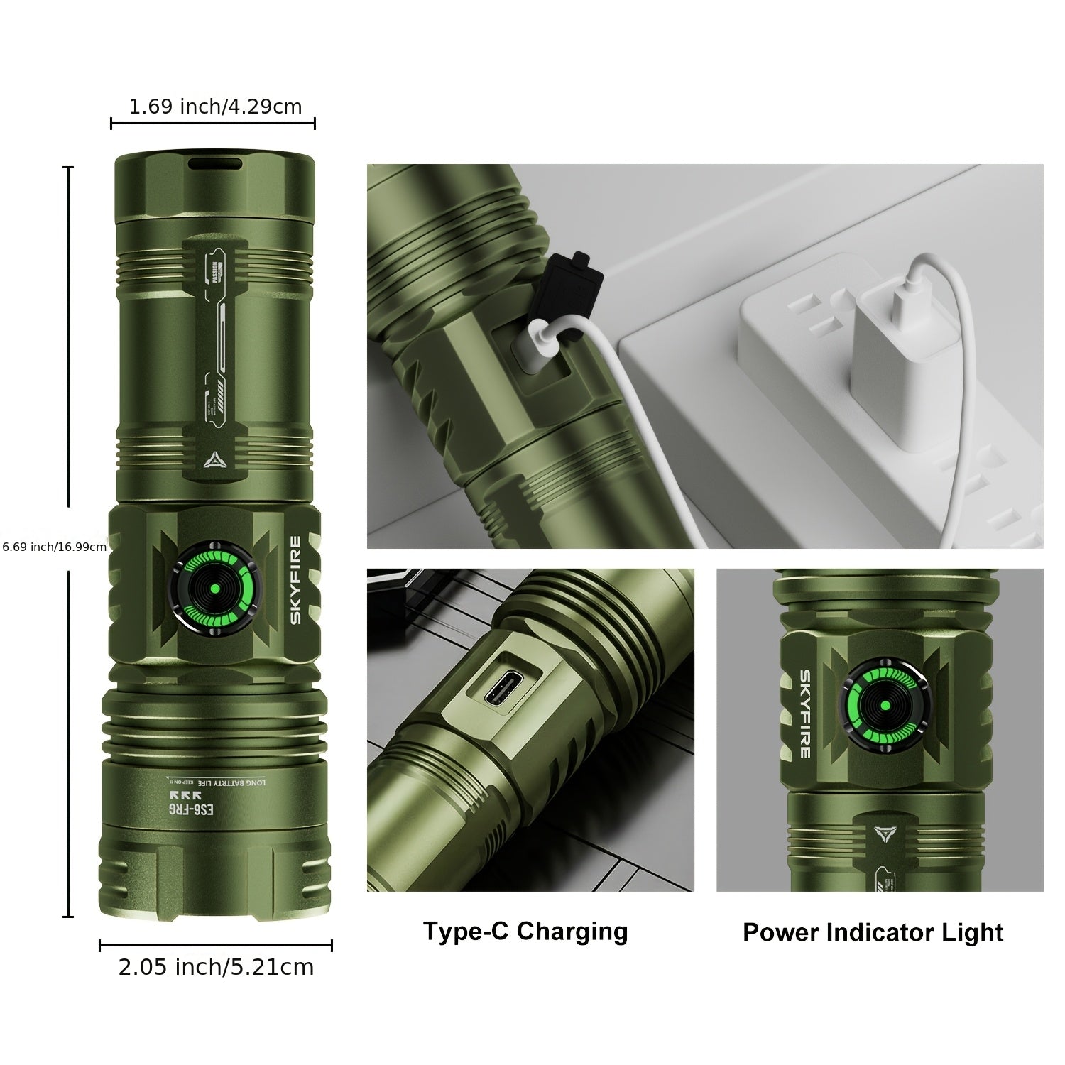 SKYFIRE 1850Lumens Rechargeable Flashlight, 6 Modes Zoomable LED Flashlight, Type-C Charging & Power Indicator, 64H Long Runtime, Bright Light for Farm Patrol, Camping, Hiking & Emergency