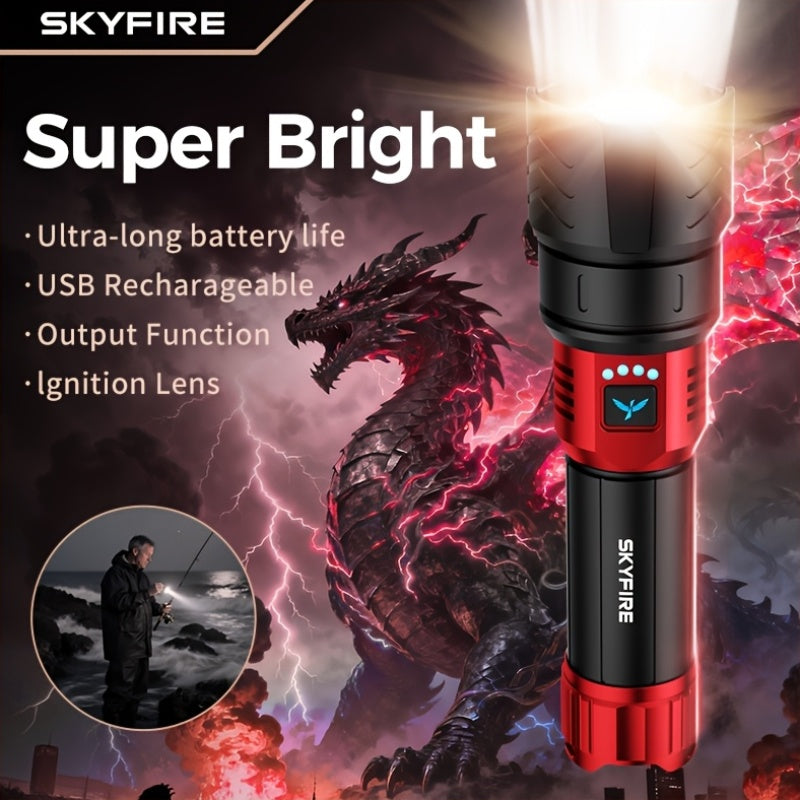 SKYFIRE LED Flashlight High Lumen, Super Bright Rechargeable Flashlight, with Ignition Lens, Adjustable Focus, Four Modes, Suitable for Camping, Outdoor, Farm, Family Use