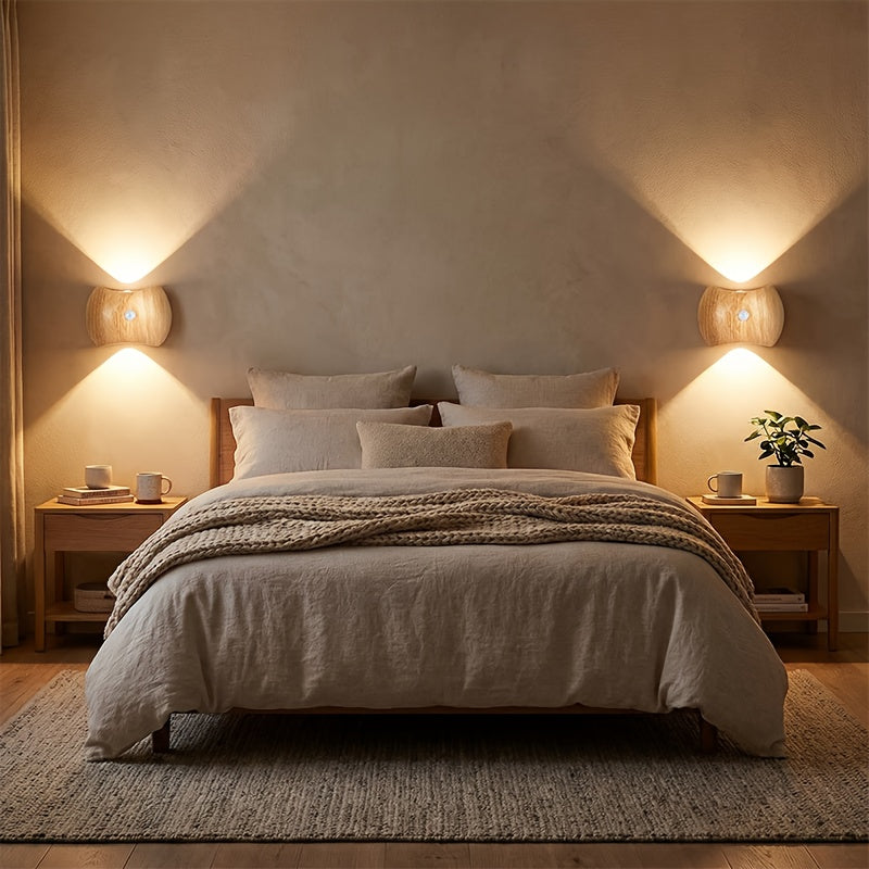 4pcs\u002F2pcs Rechargeable Motion Sensor Wall Light Sconce | 3 Colors Wireless Up and Down Wall Mount Light, Battery Operated, Wood End for Hallway, Staircase, Bedroom, Bathroom - KINGDALUX