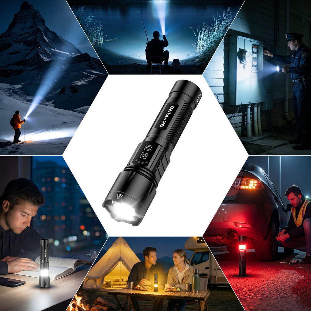 SKYFIRE Multi-Function LED Flashlight, Rechargeable 5000mAh Work Light with Zoom & Multiple Modes for Home Use, Garage & Repair